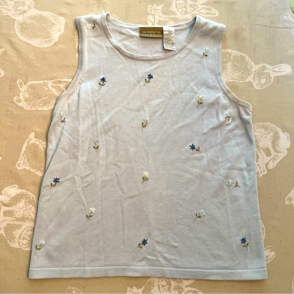 Vintage Liz Claiborne Women's Tank Top Light Blue w/ Sewn Flowers Size S
